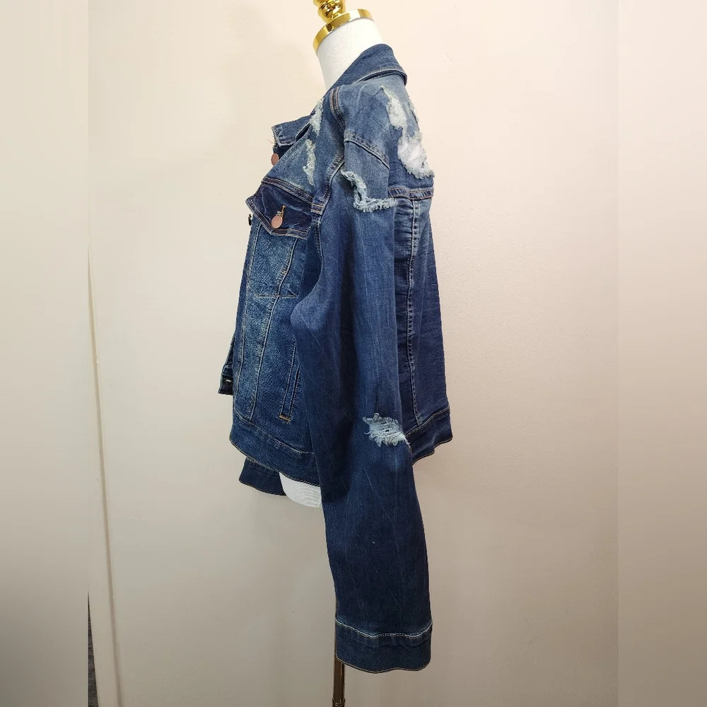 Fashion Nova Distressed Blue Denim Jacket Size 1X Plus Size - Picture 2 of 7